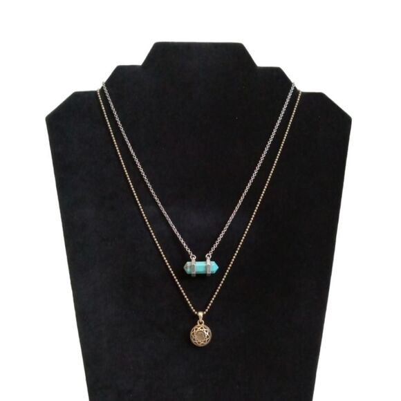 Lucky Brand Silver & Gold Toned Gemstone Double Strand Layered Pendant Necklace - Picture 1 of 10